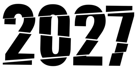 Bold sliced 2027 typography design with fragmented black numbers. Modern geometric vector illustration on transparent background. © Vasyl
