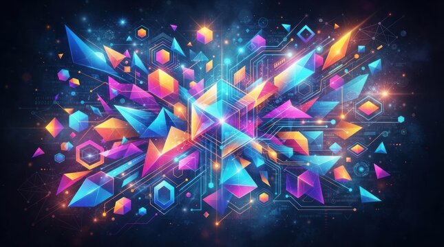 Abstract Digital Art Featuring Vibrant Geometric Shapes and Glowing Tech Patterns.