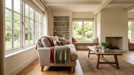 Fototapeta premium Cozy Living Room with Plush Sofa, Fireplace, and Natural Light