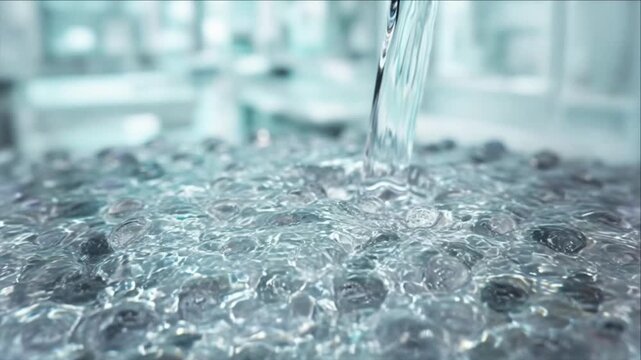 Cinematic clean water background technology concept with clear liquid pouring over glossy sphere surface and glass sphere texture flow, abstract splash bubble detail creating fresh liquid pour