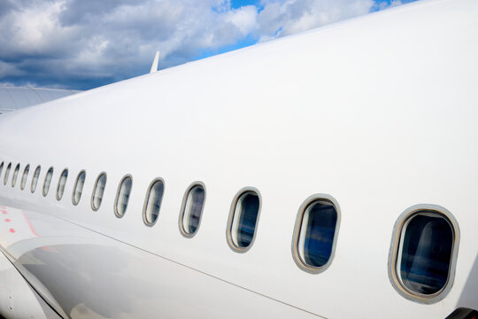 Close-up of the exterior of a passenger plane.