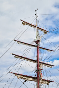 Close-up of the masts of a retro sailing ship.