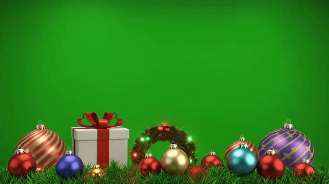 Festive Christmas Ornaments and Gifts Border with Green Screen Background and Spotlights
