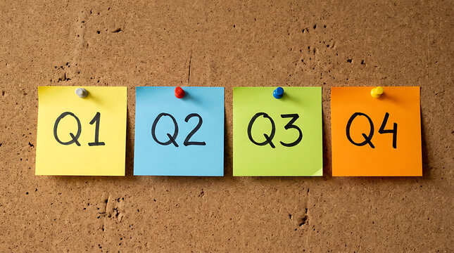 Quarterly planning sticky notes q1 q2 q3 q4 on cork bulletin board with planning