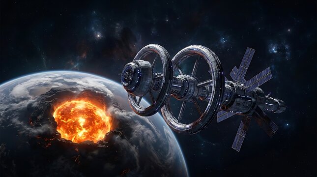 Futuristic alien spaceship attacking a planet with a massive explosion in deep space science fiction scene