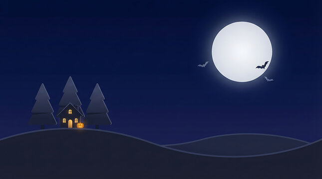 Halloween landscape with a full moon silhouetted trees and a small house under a dark blue sky