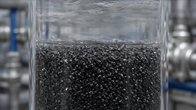 Cinematic clean water technology background industrial filter process with glass reactor detail and dark granular media flowing liquid surface transparent glass tank wet granular carbon shiny black