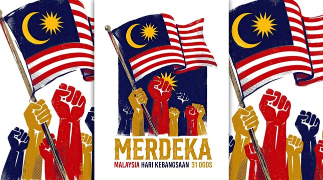 Malaysia independence day merdeka poster with raised fists