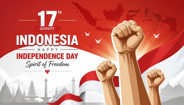 Indonesian Independence Day celebration with raised fists and national flag background