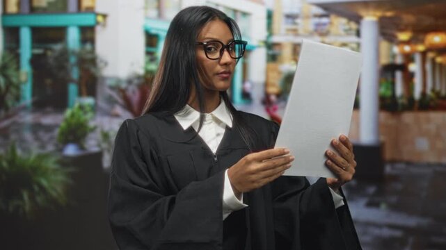 Woman judge holding document with both hands and reading paper inside a courthouse building lobby; solemn duty.