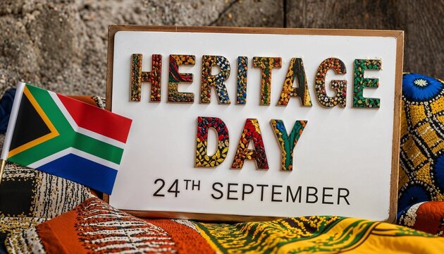 Heritage Day celebration sign with South African flag and cultural fabrics on 24th September