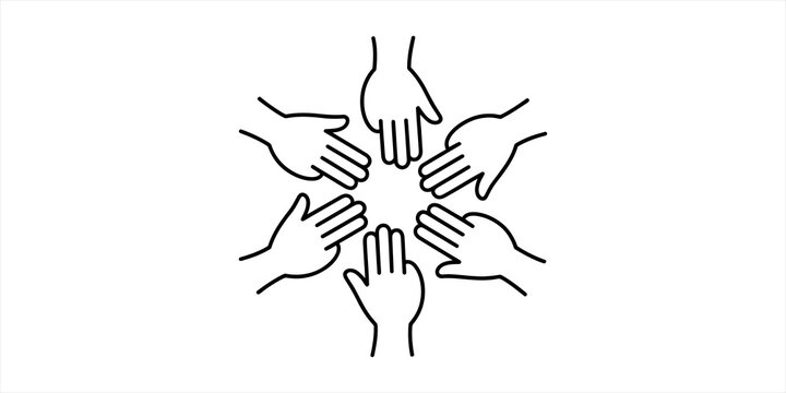 Group of hands reaching towards the center representing teamwork and unity as a simple black line drawing icon for business and community cooperation
