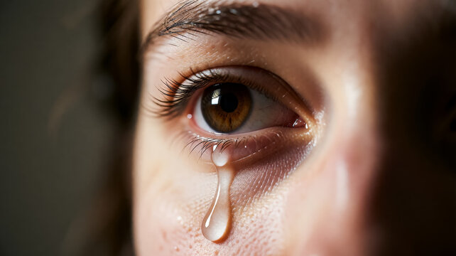 Detailed tear drop from human eye, emotional close-up, sorrowful expression