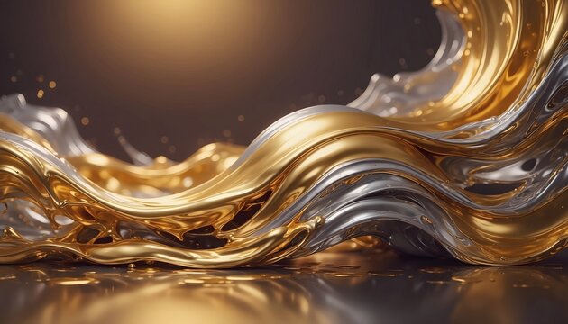 Flowing liquid gold and silver metallic waves with reflective surfaces droplets and a soft dark gradient background