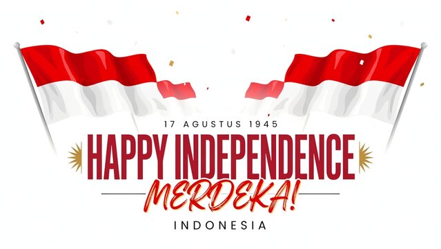 Vibrant Indonesian Independence Day celebration banner with waving red and white flags and festive text