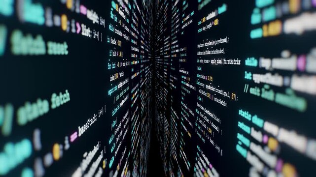 Abstract tunnel of colorful programming code on dark background