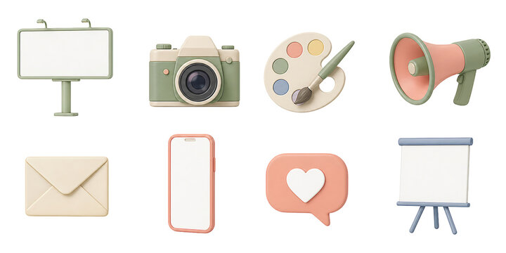 Creative marketing icons, camera, color palette, megaphone, sign board, envelope, smartphone, and presentation 3D set.