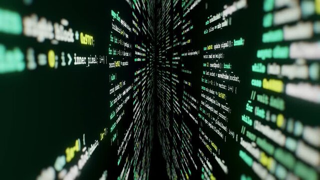 Green programming code tunnel on dark screen