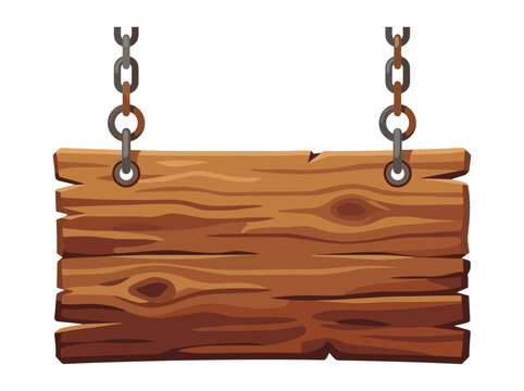 Wooden sign board hanging on chains isolated on white background