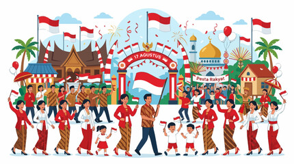Fototapeta premium Indonesian people celebrating independence day parade with flags