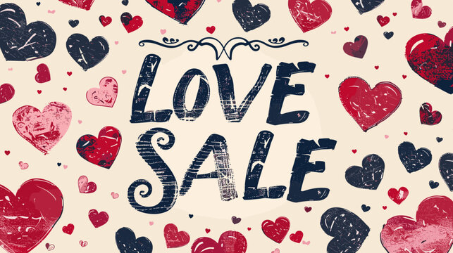 Bold Love Sale Text with Scattered Hearts Illustration on White Background