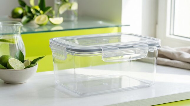 キッチンカウンターに置かれた空の透明な食品保存容器。新鮮なライムのある明るい背景の製品モックアップ