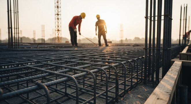 Outdoor construction project featuring steel rebar installation before concrete casting at dawn.