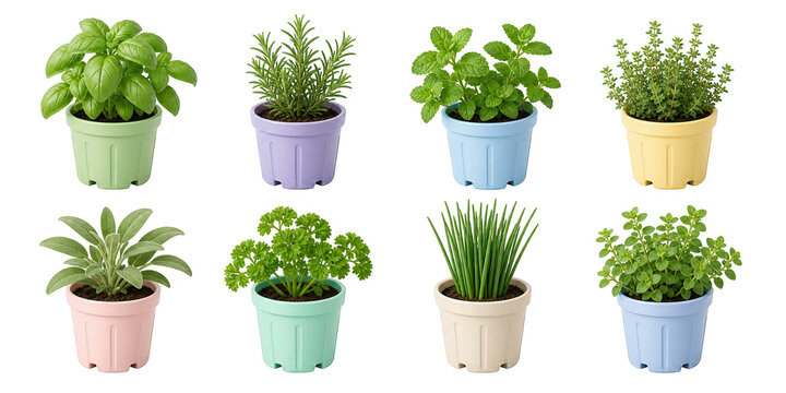 Potted herb icons, basil, rosemary, mint, thyme, parsley, chives, and kitchen garden plants 3D set.