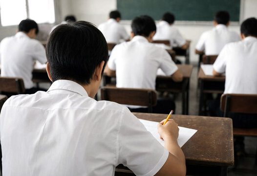 Students sitting in a classroom taking a written test with pencil and paper in hand