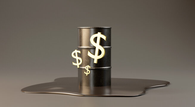 Oil concept featuring a black oil barrel with dollar symbols surrounded by spilled oil, symbolizing profit and energy value. Designed for oil trading, oil investment, finance and energy businesses.