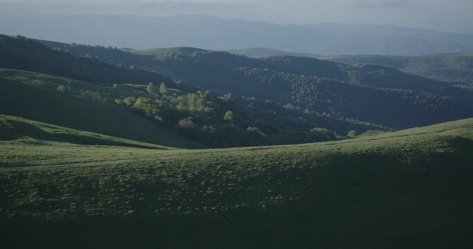 Cinematic aerial view of a large sheep flock grazing across a green mountain meadow. Peaceful rural landscape with rolling hills, pastoral farming, nature and authentic countryside atmosphere.