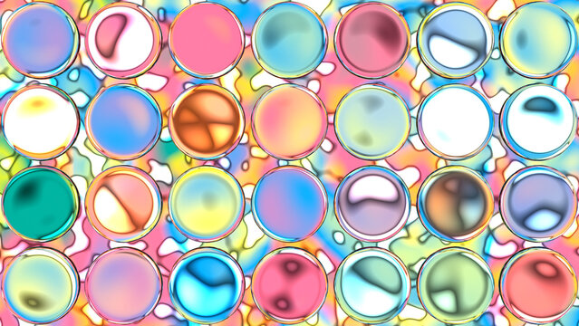 Multicolored Iridescent Bubble Circles on Colorful Fluid Abstract Background
