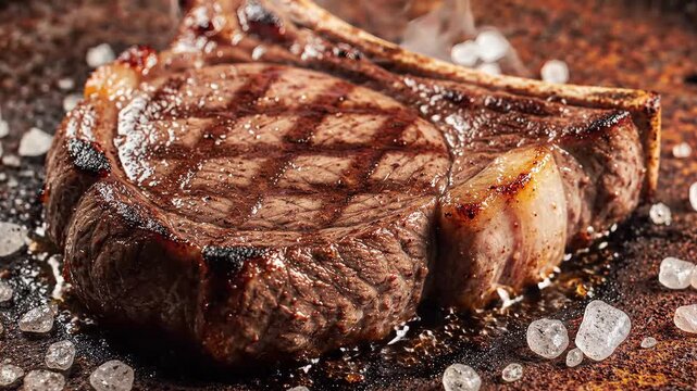 Delicious sizzling grilled bone-in beef steak with grill marks, smoke, and coarse sea salt on a dark rustic surface. Generative AI.