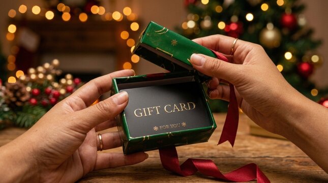 Hands opening a green gift box revealing a gift card inside, decorated with a red ribbon, with a Christmas tree and festive decorations in the background