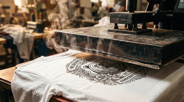 T-shirt printing process with a heat press machine applying design to a white shirt in a textile workshop filled with various garments and equipment