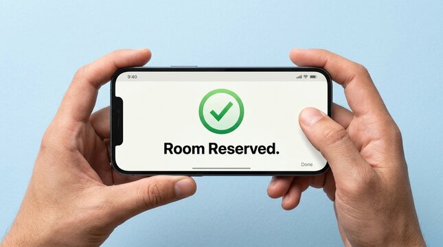 Hands holding smartphone displaying reservation confirmation with green checkmark and text indicating room is reserved against a light blue background