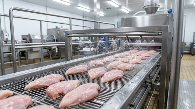 Raw chicken breasts being washed in a commercial kitchen, with stainless steel equipment and a clean, organized workspace visible in the background