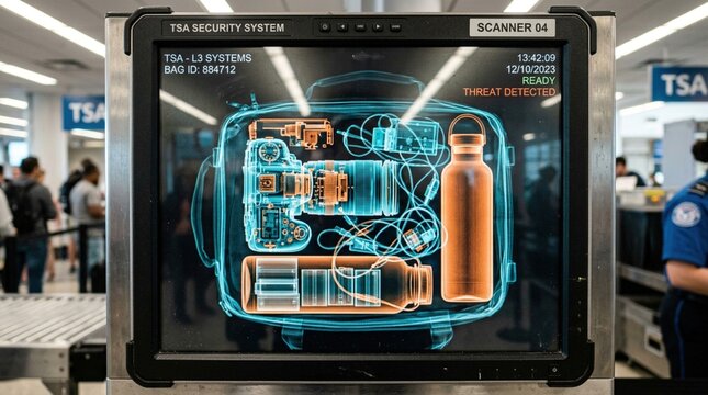 X-ray image of a backpack showing various items including a water bottle, electronics, and cables, displayed on a TSA security scanner at an airport