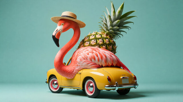 Flamingo with pineapple cargo in retro car, joyful tropical escape concept