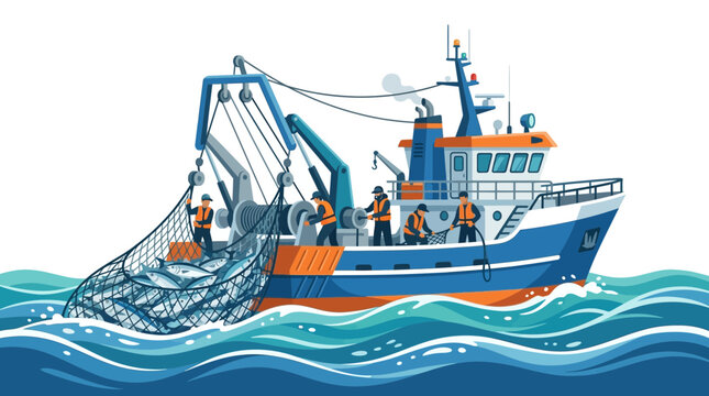 Industrial fishing trawler hauling heavy net from ocean.