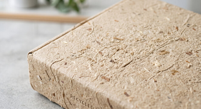 A close-up shot of a textured beige paper box surface showing natural fiber details.