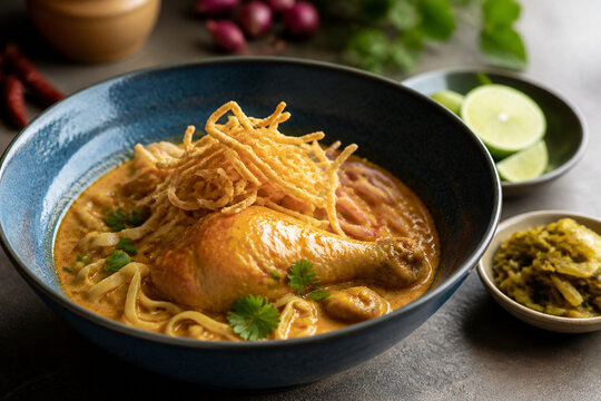 Khao soi chicken curry noodles in an indigo bowl