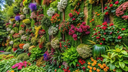 Fototapeta premium Vibrant wall of various flowers and plants creating a lush green and colorful display in a garden setting