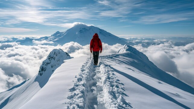 Mountaineer hiking snowy ridge above clouds reaching summit