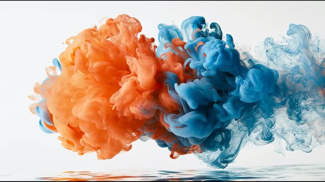 Orange and blue ink colors blend softly in water, creating interesting patterns. The colors swirl and explore each other in a clear space.