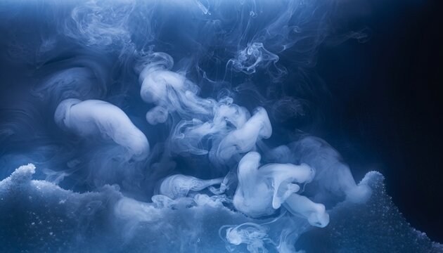 White ink clouds swirl and disperse within a dark deep blue liquid medium