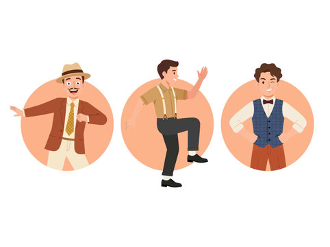 Vintage Gentleman Vector Illustration Set Featuring Three Men in Classic Retro Fashion and Outfits