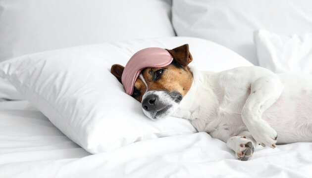 Cute dog with sleep mask and pillow lying