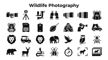 Fototapeta premium Wildlife photography icon set featuring camera equipment gear animals and nature safari tools for outdoor photography enthusiasts