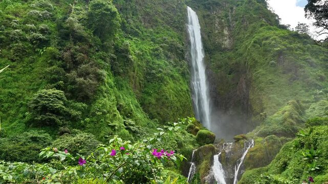 Curug Citambur waterfall cascading down lush green cliff in Cianjur West Java Indonesia